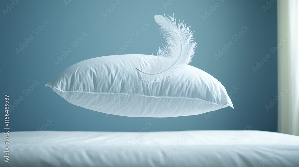 Poster a soft white feather pillow suspended in mid-air, capturing the essence of lightness and a calming a