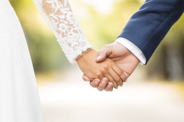 Close-up of a bride and groom holding hands, symbolizing love, unity, and commitment. The focus is on their connection with a romantic, intimate atmosphere.