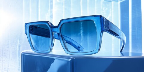 A pair of cutting edge blue sunglasses are suspended in a contemporary setting, showcasing a stylish design for 2024. These sunglasses highlight the trendy 2024 fashion.