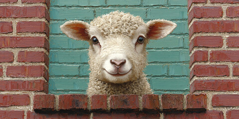 Fototapeta premium Sheep Peeking from Brick Window