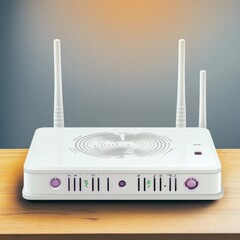 Obraz premium A sleek, modern white Wi-Fi router with antennas, set against a softly lit background, perfect for home connectivity.