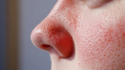 Fototapeta premium Close up of red irritated nose, emphasizing the discomfort and struggle of allergies or cold symptoms, highlighting the human vulnerability and resilience in the face of common ailments.