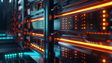 Fototapeta premium Illuminated Power Sockets in a Modern Server Rack