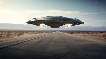 Obraz premium Sleek and advanced futuristic aircraft taking off from the enigmatic Area 51 runway surrounded by a desert landscape and cloudy sky