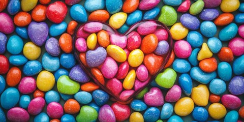 Obraz premium Colorful candy arranged in a heart shape creates a vibrant and playful background, perfect for conveying love and sweetness through delightful candy imagery. Captivating heart shaped candy backdrop.
