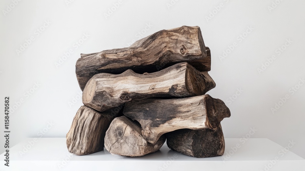 Poster a stack of rustic firewood logs, focusing on their rough, organic textures and irregular shapes, pre