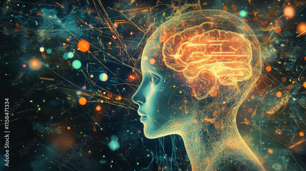 Poster concept ai machine learning artificial intelligence robot learning network system advance ai on blue