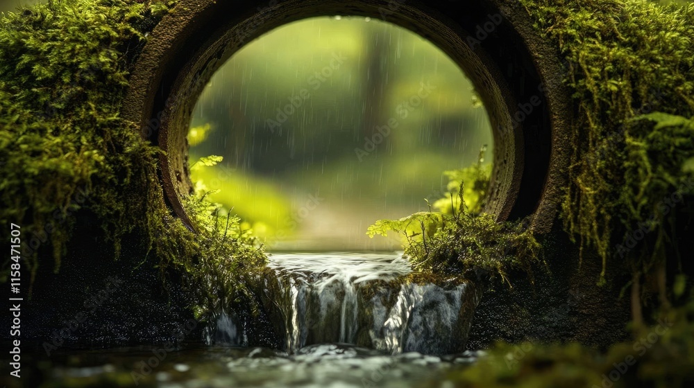 Poster a stream of rainwater flowing through a moss-covered drainage pipe, illuminated by soft daylight, cr