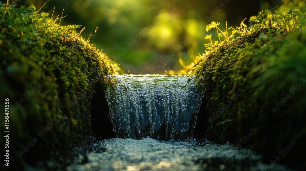 Poster a stream of rainwater flowing through a moss-covered drainage pipe, illuminated by soft daylight, cr