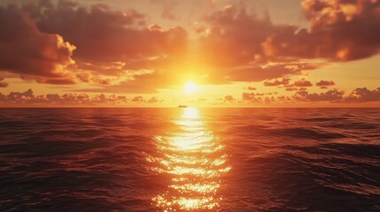 Obraz premium A serene sunset over the ocean, reflecting golden hues on the water's surface.