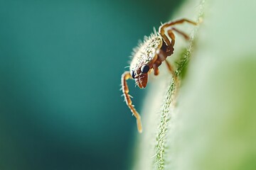 Extreme close-up of a springtail insect exploring a vibrant green leaf, showcasing its delicate features and the intricate textures of nature