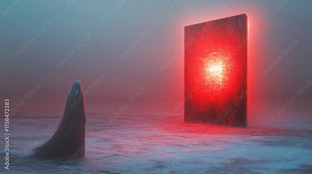 Poster A surreal digital scene with an ethereal figure in the foreground, contrasted by a giant red glowing door floating above the horizon in a minimalist setting