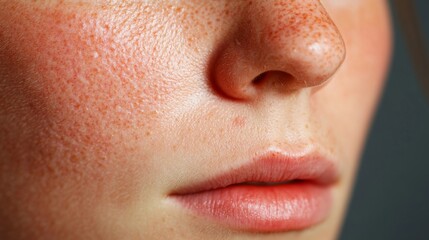 Fototapeta premium Close up of red irritated nose, emphasizing the discomfort and struggle of allergies or cold symptoms, highlighting the human vulnerability and resilience in the face of common ailments.