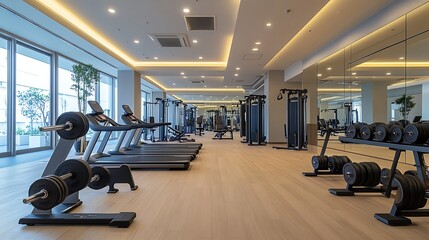 Dumbbells placed on the floor in a spacious fitness room with gym equipment in the background