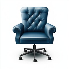 Naklejka premium Elegant blue leather office chair with tufted details, offering style and comfort in a modern workspace.