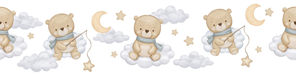 Seamless watercolor border with cute baby bear on clouds with moon and star, hand drawn illustration on white repeat background © Elena