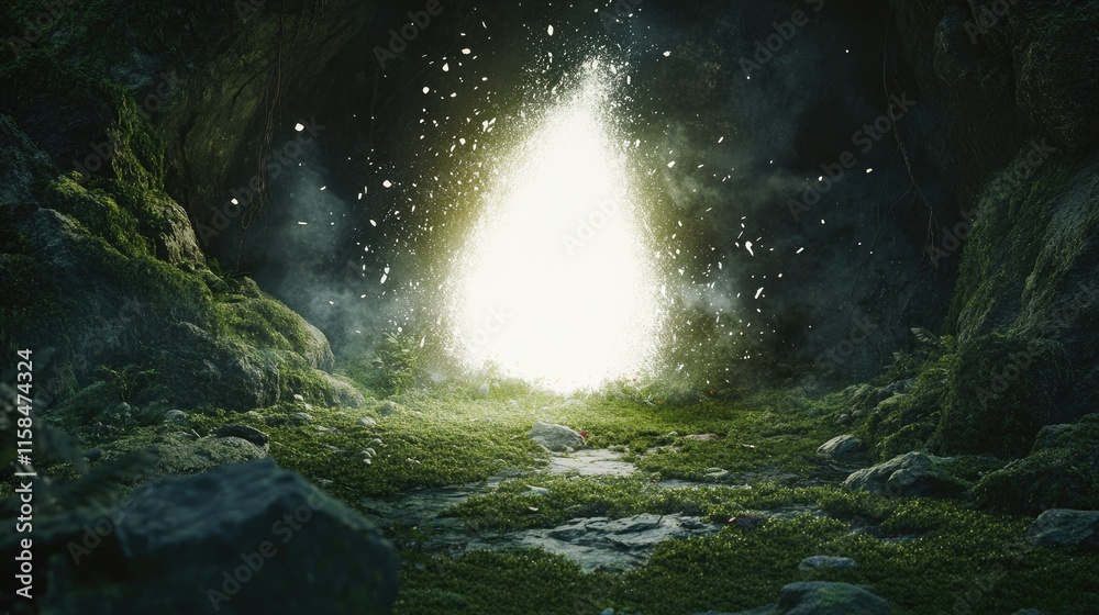 Poster A white glowing hole breaking open a mossy rock, sending fragments and moss into the air, adding an element of surprise and mystique against a dark background