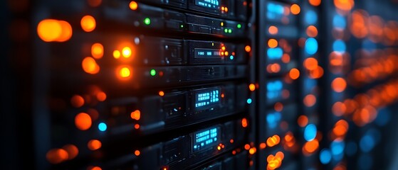 Glowing server rack in data center.