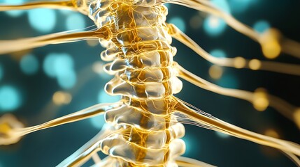 Close-up 3D anatomical model of the human nervous system showing spinal cord