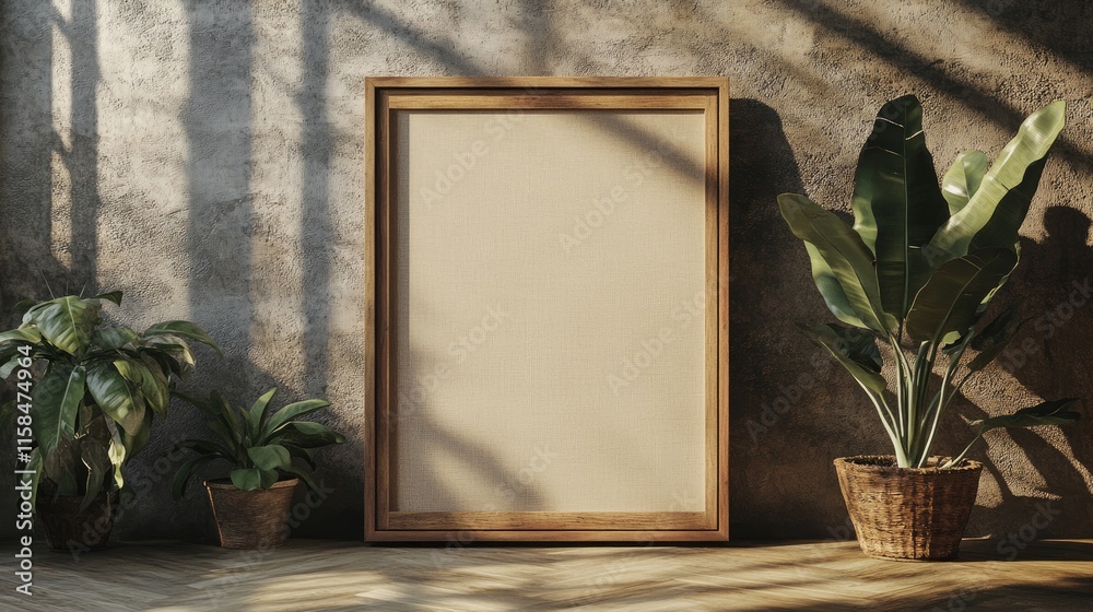 Poster a wooden frame mockup with a blank canvas, positioned on a wall with decorative plants beside it, cr