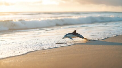 Naklejka premium A dolphin leaps gracefully over the ocean waves at sunset, showcasing nature's beauty.
