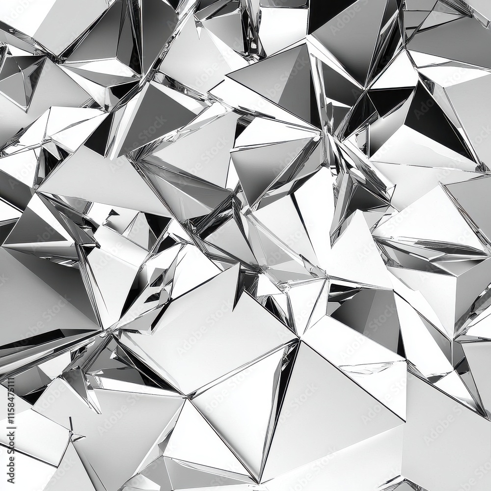 Poster a stunning abstract pattern of reflective, metallic pyramid shapes creating visual depth and intrigu