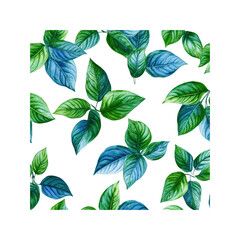 Fototapeta premium Watercolor Seamless Pattern of Lush Green and Teal Leaves on White Background