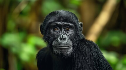Fototapeta premium Close-up of a thoughtful chimpanzee in a dense green jungle, its face filled with expression.