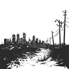 Obraz premium A stark black and white illustration of a post-apocalyptic cityscape with broken buildings and barren landscapes.