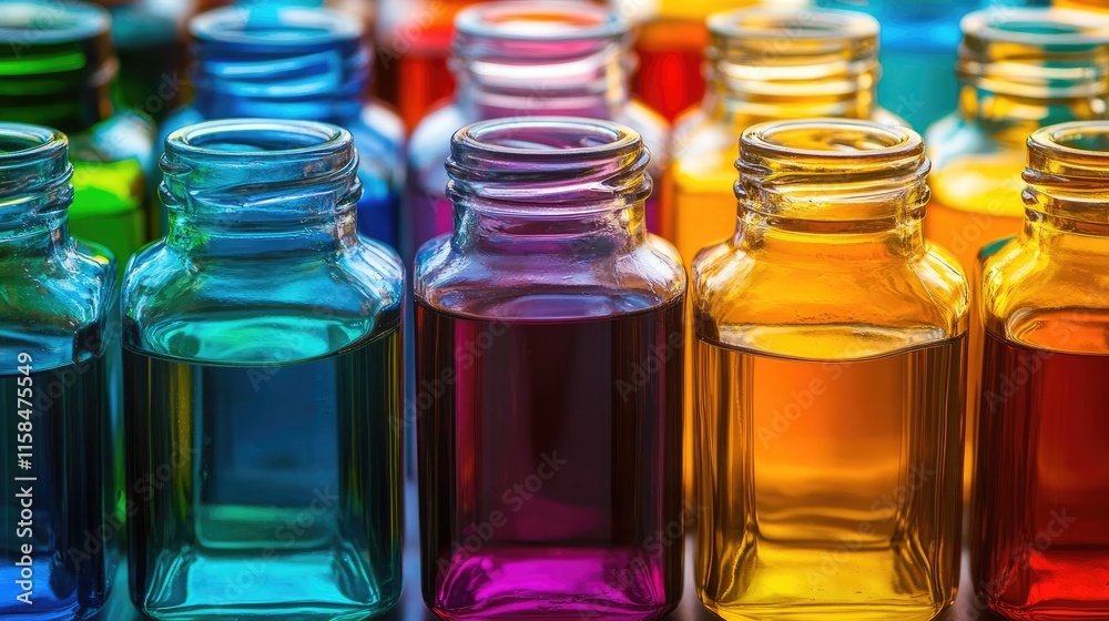 Poster An array of colorful glass jars filled with various liquids, creating a stunning visual effect with their unique colors and textures, perfectly aligned