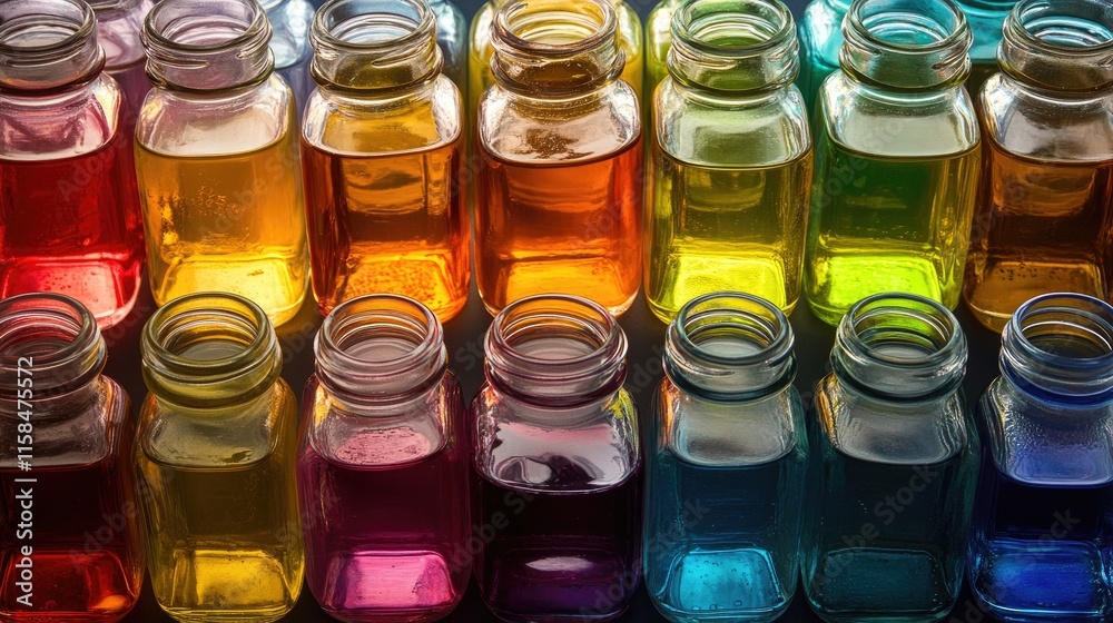 Poster An array of colorful glass jars filled with various liquids, creating a stunning visual effect with their unique colors and textures, perfectly aligned