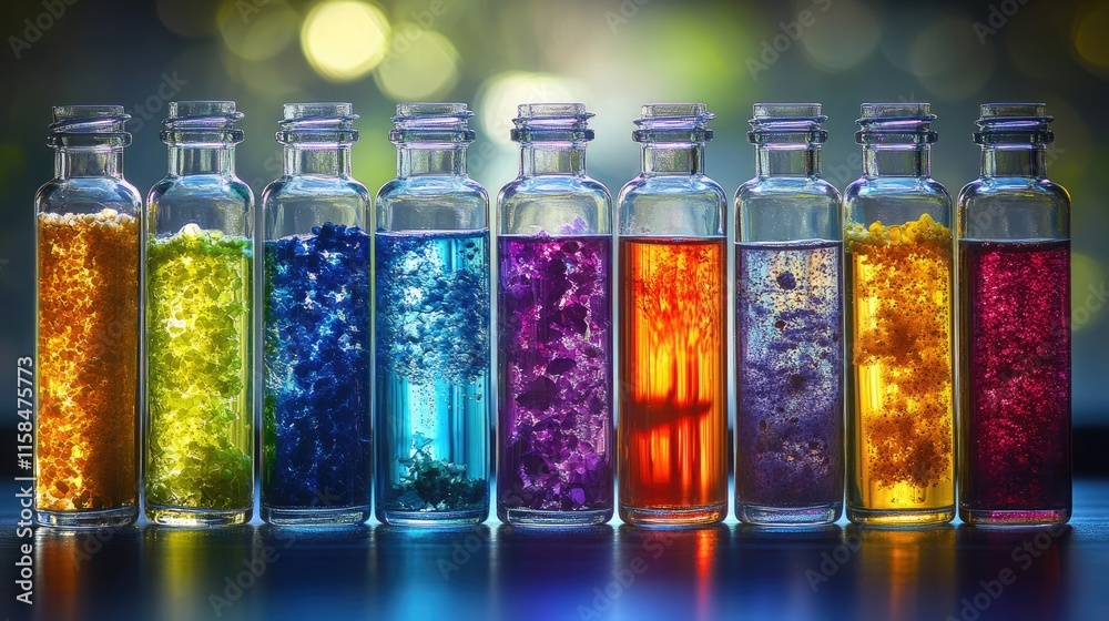 Poster an artistic collection of glass jars filled with vivid liquids, arranged in a row, emphasizing color
