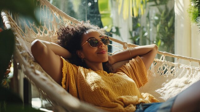 Young woman relaxing in hammock wearing sunglasses enjoying summer