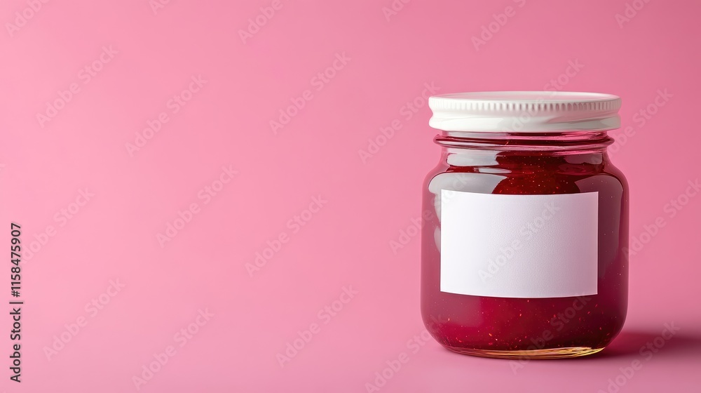 Poster An elegant glass jar of raspberry jam with a blank white label, styled on a solid pink background, perfect for custom design presentations or product showcases
