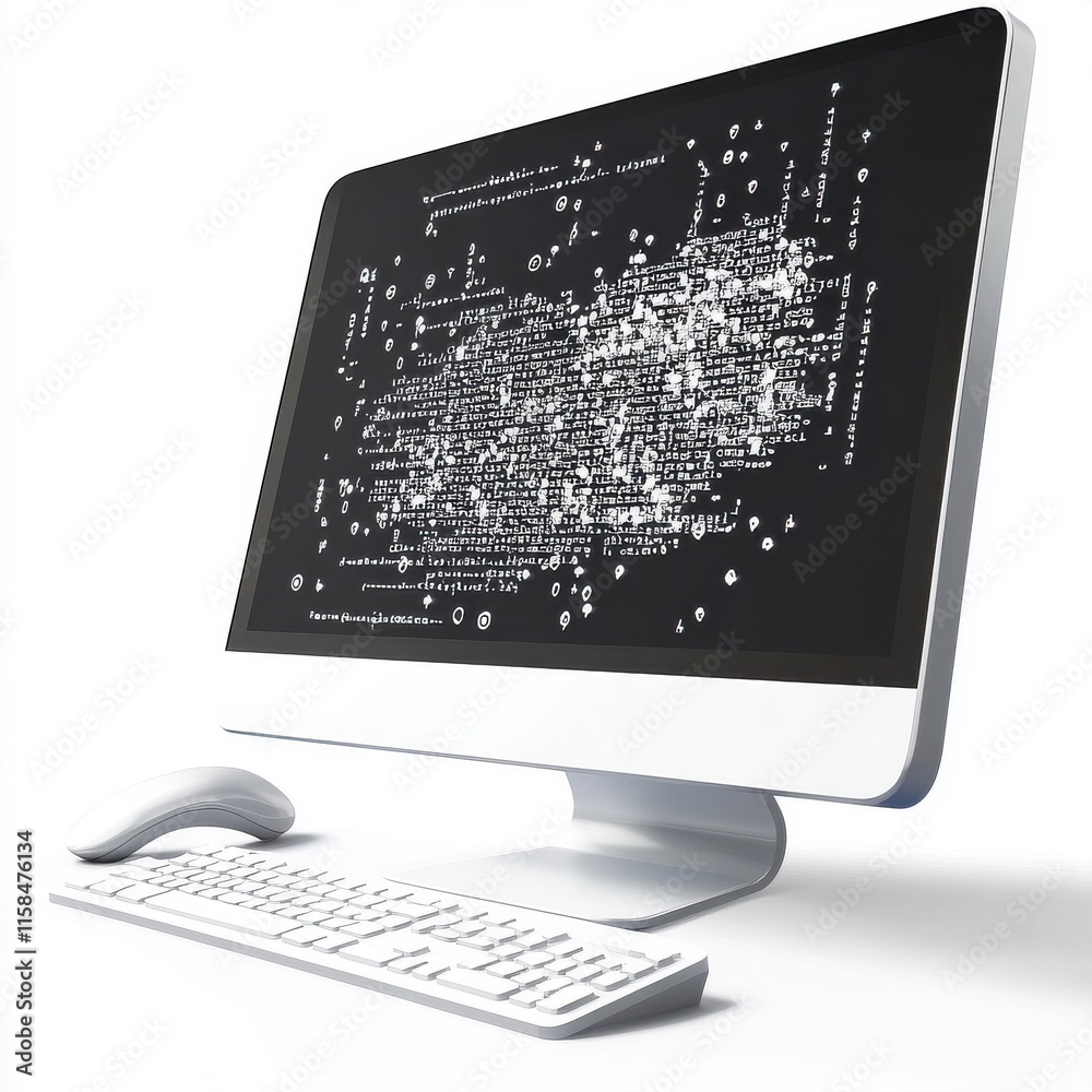 Poster a sleek modern computer displaying complex coding on the screen, symbolizing technology and innovati