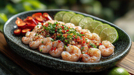 Spicy Seafood Plate with Lime and Chili, Served on Neutral Background for Promotional Materials or Cookbooks