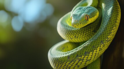 Obraz premium A green snake with striking scales coiled on a branch in a dense tropical forest.