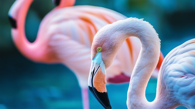 Close-up of flamingos with vivid pink and orange plumage, standing gracefully near water.