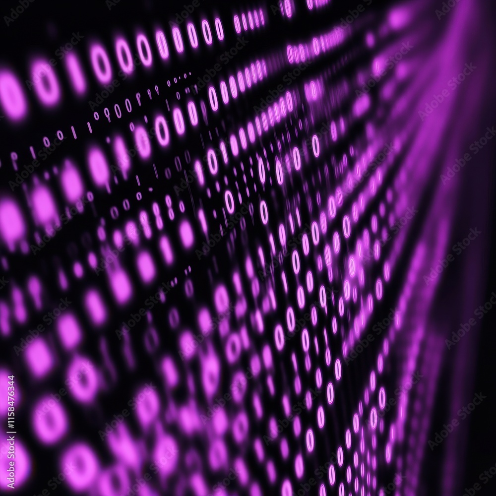 Poster digital abstract art featuring a futuristic purple binary code pattern.