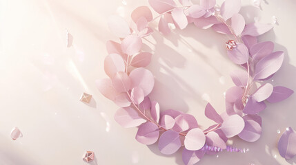 A modern abstract wreath crafted from lavender-toned eucalyptus leaves, adorned with rose gold geometric ornaments and pastel pink accents, set against a light beige background with soft texture. Ethe