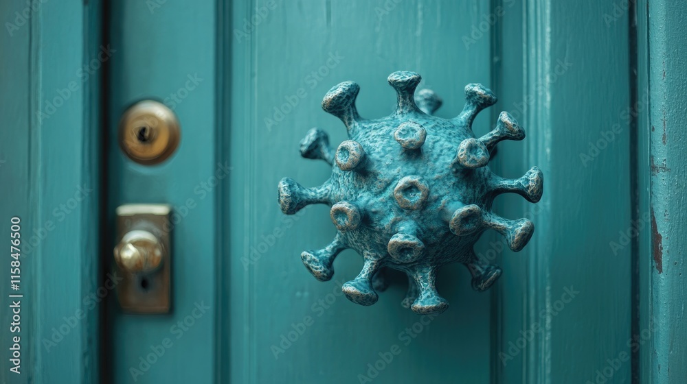 Poster an intriguing door handle designed in the shape of a coronavirus, set against a teal-colored door, s