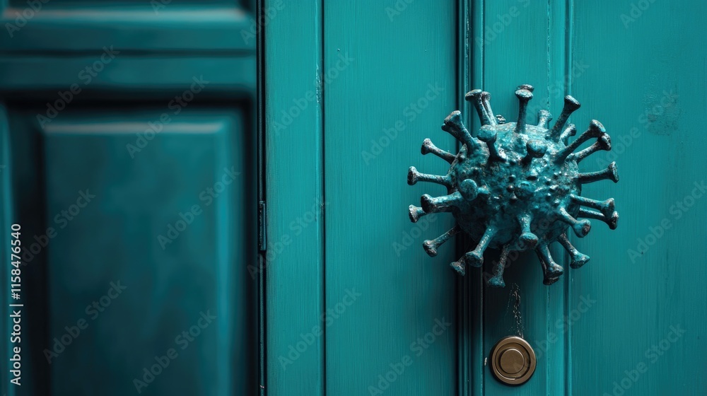 Poster an intriguing door handle designed in the shape of a coronavirus, set against a teal-colored door, s