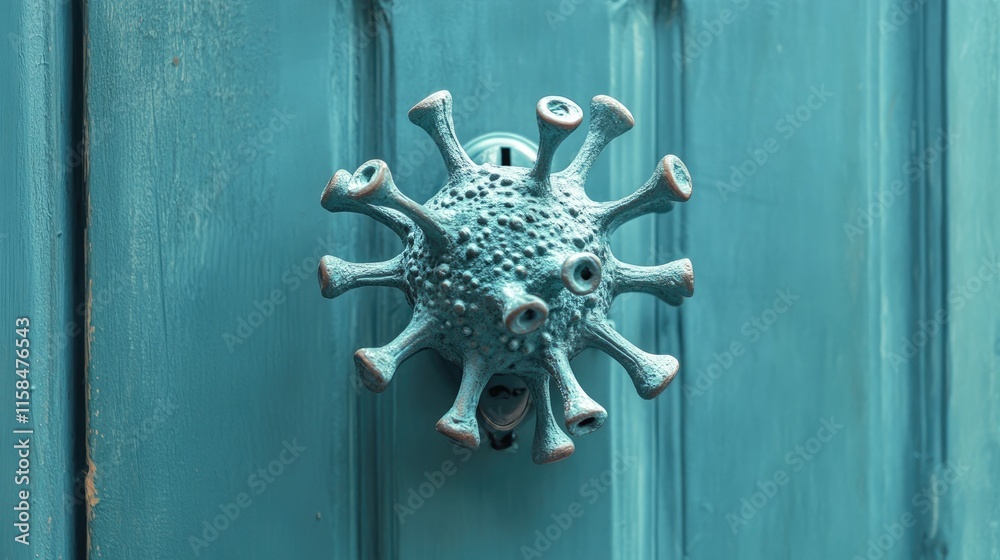 Poster an intriguing door handle designed in the shape of a coronavirus, set against a teal-colored door, s