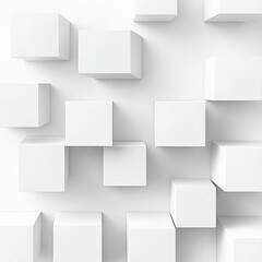 A minimalist design featuring floating white cubes against a clean white background.