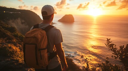 Hiker watching golden sunset over ocean and island from mountain top