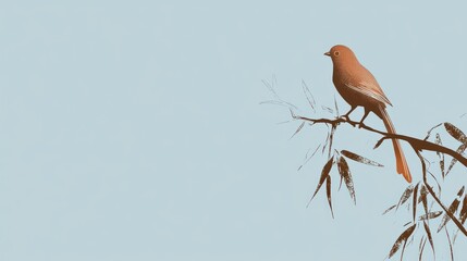 A stylized bird perched on a branch against a light blue background.