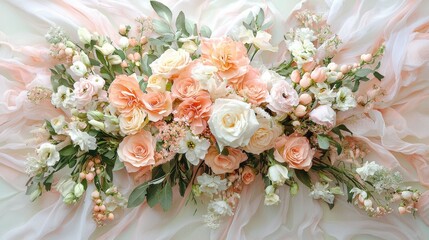 Peach and Ivory Floral Arrangement on Sheer Fabric