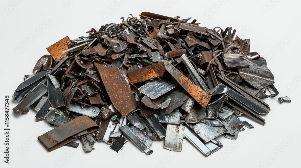 Poster assorted scrap metal in small heaps, each piece showcasing unique textures, arranged neatly on a bri