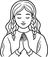 Girl's Praying Hands Vector Line Art on White Background, Spiritual Minimalist Illustration.