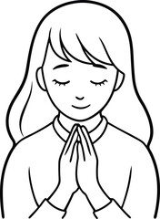Girl's Praying Hands Vector Line Art on White Background, Spiritual Minimalist Illustration.